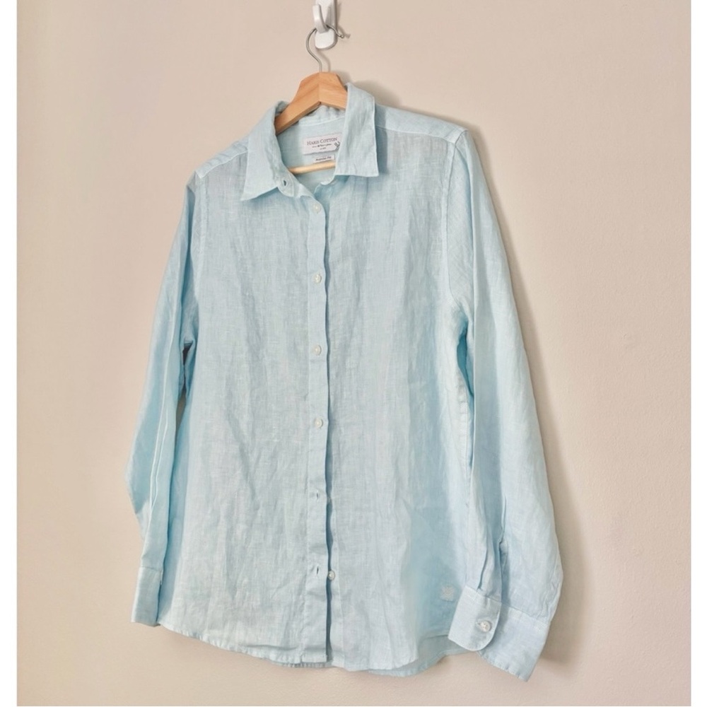 Haris Cotton Baby Blue Linen Gauze Beachy Coastal Boyfriend Style Shirt